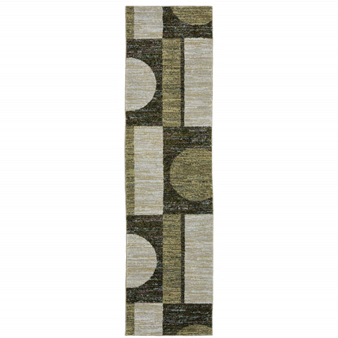 8' Blue And Beige Geometric Runner Rug
