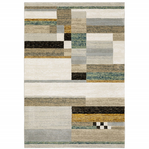 3' X 5' Beige Gold Black Grey Tan Teal and Rust Geometric Power Loom Area Rug