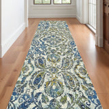 10' Ivory Blue And Green Floral Stain Resistant Runner Rug