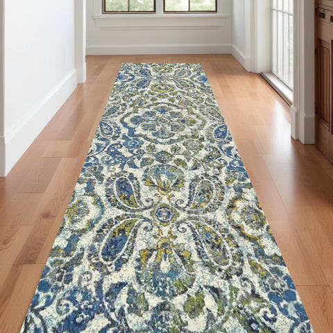 10' Ivory Blue And Green Floral Stain Resistant Runner Rug