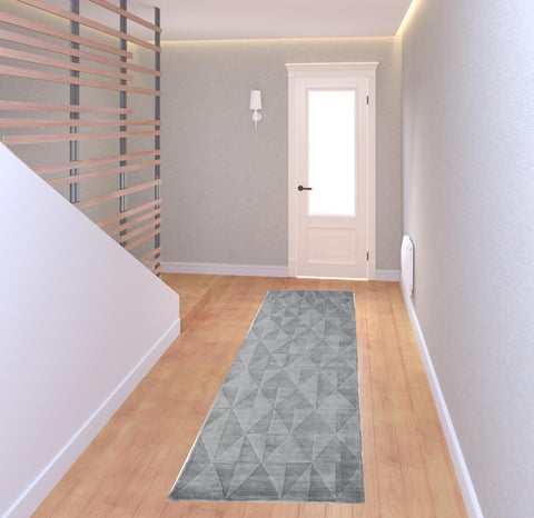 8' Gray Ivory And Silver Geometric Hand Woven Runner Rug