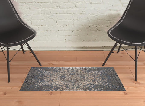 2' X 3' Gray Blue And Taupe Wool Abstract Tufted Handmade Stain Resistant Area Rug