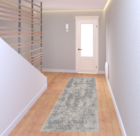 8' Ivory Gray And Black Abstract Stain Resistant Runner Rug