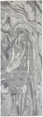 8' Gray Ivory and Silver Abstract Power Loom Distressed Runner Rug