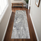 8' Gray Ivory and Silver Abstract Power Loom Distressed Runner Rug