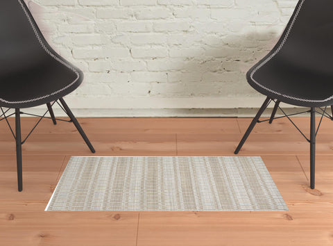 2' X 3' Tan Gray And Silver Striped Hand Woven Area Rug