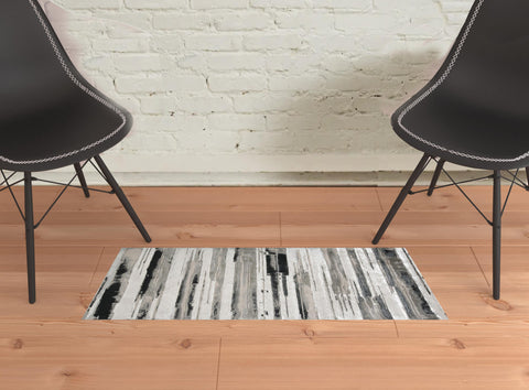 2' X 3' Silver Gray And Black Abstract Stain Resistant Area Rug