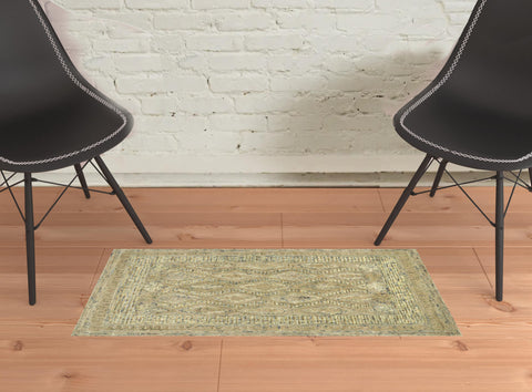 2' X 3' Tan Blue And Gray Wool Oriental Hand Tufted Area Rug
