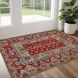 2' X 3' Red Blue And Brown Wool Floral Hand Knotted Distressed Stain Resistant Area Rug With Fringe
