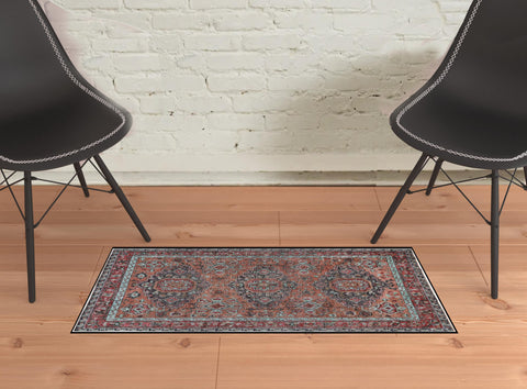 2' X 3' Red Orange And Blue Wool Floral Hand Knotted Distressed Area Rug With Fringe
