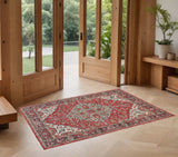 2' X 3' Red Gray And Ivory Wool Floral Hand Knotted Distressed Stain Resistant Area Rug With Fringe