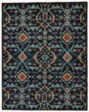 4' X 6' Black Blue and Orange Wool Tribal Hand Knotted Distressed Area Rug With Fringe