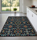 4' X 6' Black Blue and Orange Wool Tribal Hand Knotted Distressed Area Rug With Fringe