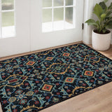2' X 3' Black Blue And Orange Wool Tribal Hand Knotted Distressed Area Rug With Fringe