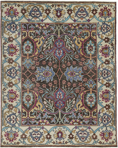 4' X 6' Ivory and Blue Wool Floral Hand Knotted Distressed Area Rug With Fringe