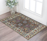 2' X 3' Ivory and Blue Wool Floral Hand Knotted Distressed Area Rug With Fringe