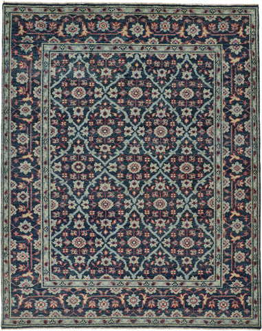 2' X 3' Blue and Green Wool Floral Hand Knotted Distressed Area Rug With Fringe