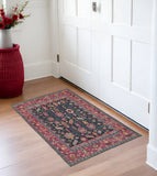 2' X 3' Dark Pink Blue And Black Wool Tribal Hand Knotted Distressed Area Rug With Fringe