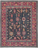 2' X 3' Dark Pink Blue And Black Wool Tribal Hand Knotted Distressed Area Rug With Fringe