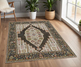 4' X 6' Green and Ivory Wool Floral Hand Knotted Distressed Area Rug With Fringe