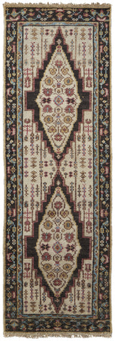 8' Green and Ivory Wool Floral Hand Knotted Distressed Runner Rug With Fringe