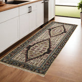 8' Green and Ivory Wool Floral Hand Knotted Distressed Runner Rug With Fringe