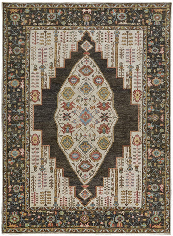 2' X 3' Green and Ivory Wool Floral Hand Knotted Distressed Area Rug With Fringe