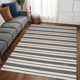 5' X 8' Black And White Striped Dhurrie Hand Woven Stain Resistant Area Rug