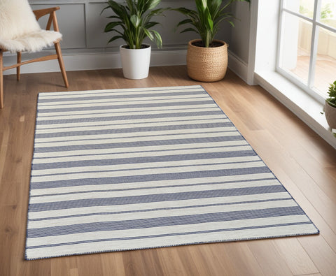 4' X 6' Blue and Ivory Striped Hand Woven Area Rug