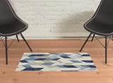 2' X 3' Blue Ivory And Gray Wool Geometric Tufted Handmade Area Rug