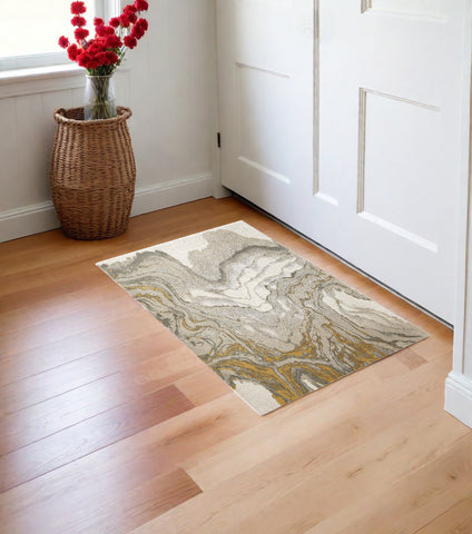 2' X 3' Gold Ivory And Gray Abstract Stain Resistant Area Rug
