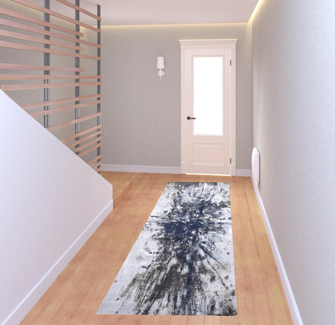 8' Blue Gray And White Abstract Stain Resistant Runner Rug