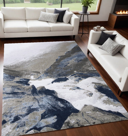 5' X 7' Blue Gray And White Abstract Stain Resistant Area Rug