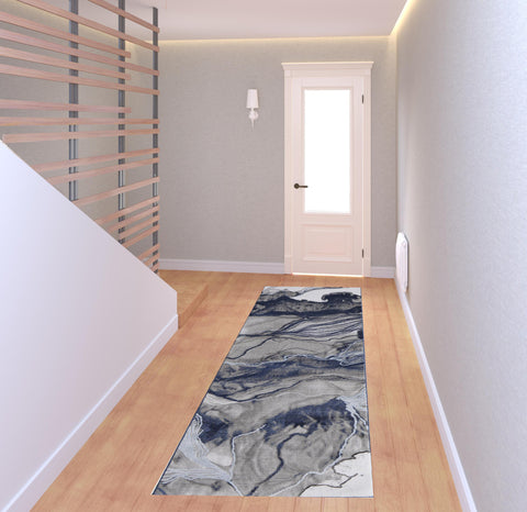 8' Blue Gray And Ivory Abstract Power Loom Runner Rug