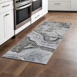 8' Taupe Gray And Blue Abstract Power Loom Stain Resistant Runner Rug