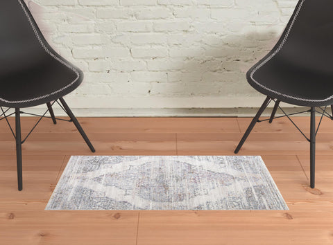 2' X 3' Ivory Gray And Pink Abstract Distressed Area Rug With Fringe