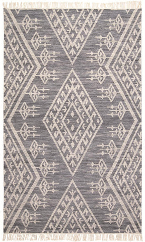 8' X 10' Gray Ivory And Blue Wool Geometric Dhurrie Flatweave Handmade Area Rug With Fringe