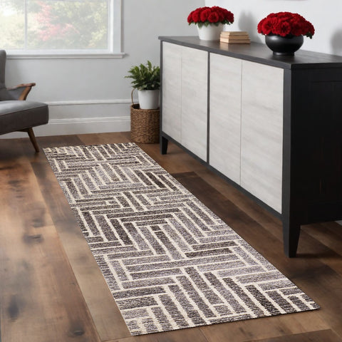 8' Tan And Gray Wool Geometric Hand Tufted Runner Rug