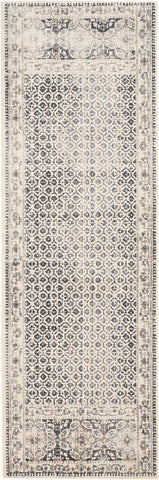 8' Ivory And Black Abstract Geometric Distressed Runner Rug