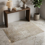 3' X 5' Gold and Ivory Abstract Power Loom Distressed Area Rug With Fringe