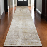 3' X 10' Taupe Ivory And Gold Abstract Runner Rug With Fringe