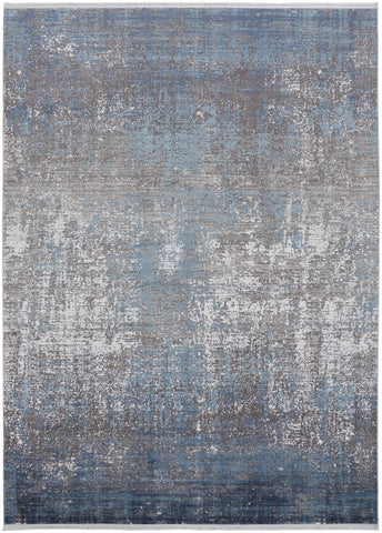 3' X 5' Blue and Gray Abstract Power Loom Distressed Area Rug With Fringe