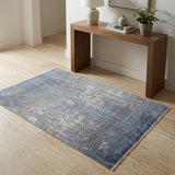 3' X 5' Blue and Gray Abstract Power Loom Distressed Area Rug With Fringe