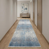 10' Blue and Gray Abstract Power Loom Distressed Runner Rug With Fringe