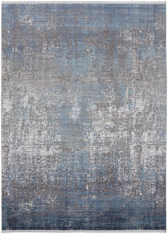 2' X 3' Blue and Gray Abstract Power Loom Distressed Area Rug With Fringe