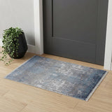 2' X 3' Blue and Gray Abstract Power Loom Distressed Area Rug With Fringe