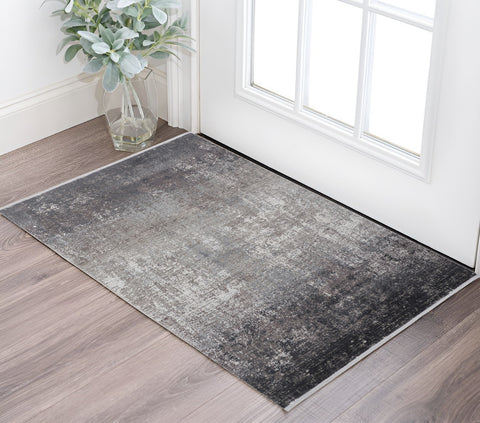 3' X 5' Gray and Black Abstract Power Loom Distressed Area Rug With Fringe