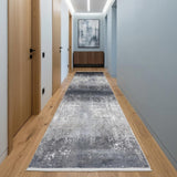 10' Gray and Black Abstract Power Loom Distressed Runner Rug With Fringe
