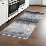 10' Gray and Black Abstract Power Loom Distressed Runner Rug With Fringe