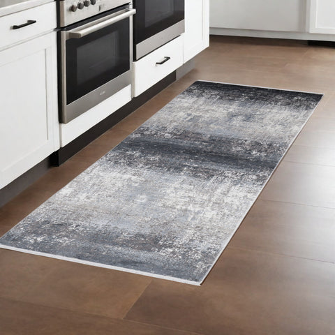 10' Gray and Black Abstract Power Loom Distressed Runner Rug With Fringe